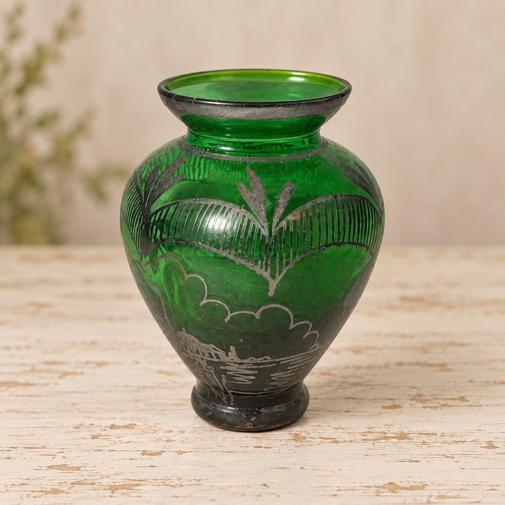 Vintage Mini Emerald Green Glass Vase Silver Overlay Etched Landscape 3”